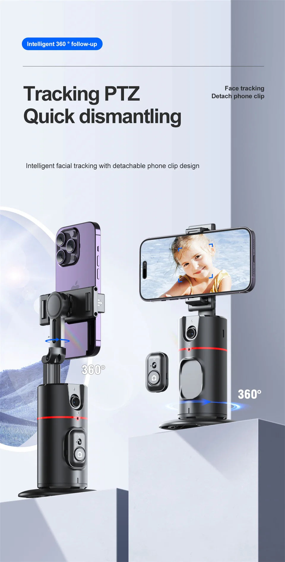 FGCLSY AI Auto Following Gimbal Stabilizer 360 Rotation Phone Stand P02 Desktop Tracking Gimbal with Remote for Live Photography