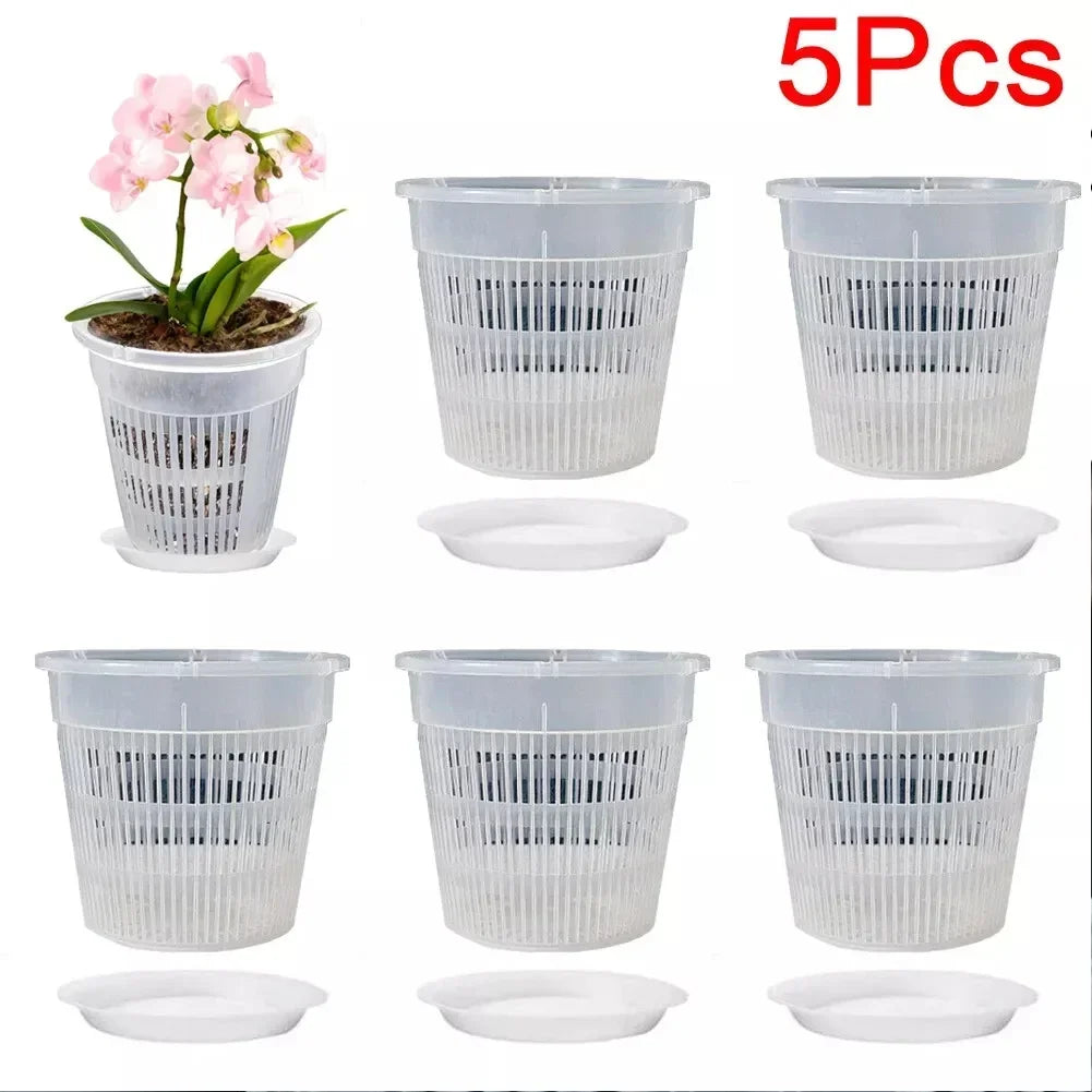 5pcs Orchid Pot With Saucers Plastic Clear Flower Plant Repotting Pot With Holes Mesh Pot Root Control Orchid Flower Breathable