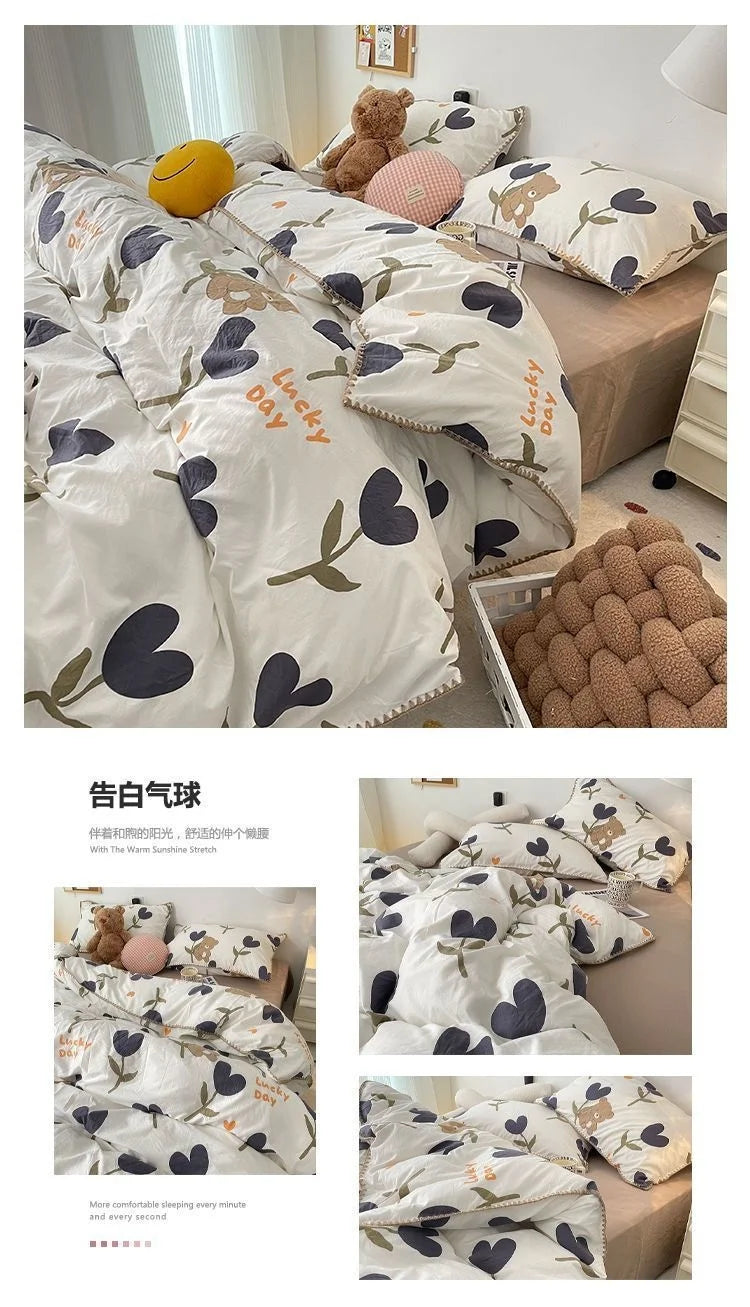 Bedding Set INS Girls Cherry Soft Washed Cotton Bed Sheet Queen King Size Duvet Set Comforter Set Pillowcase Bed Linens