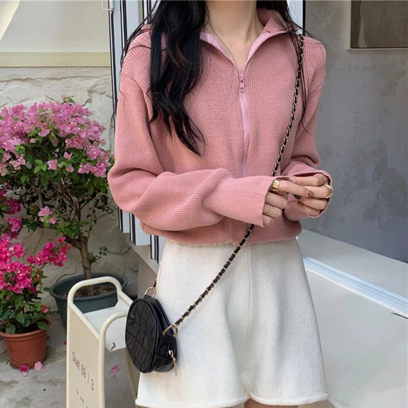Korean Fashion Zipper Up Cardigan Women Autumn Winter Knitted Turtleneck Sweater Woman 2024 Solid Color Cropped Cardigans Female