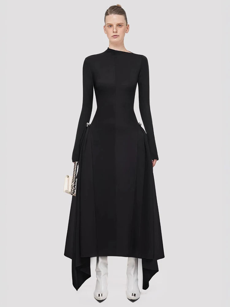 DEAT Elegant Dress Skew Collar Long Sleeves Waist Retraction Solid Color Asymmetric Hem Women's Dresses 2024 Autumn New 13DL7990
