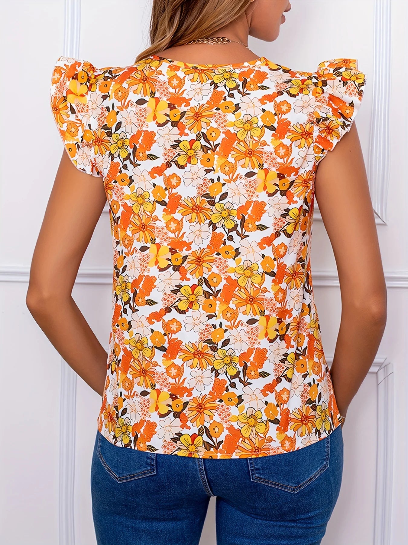 Romantic floral new shirt with cute floral print V-neck women's shirt