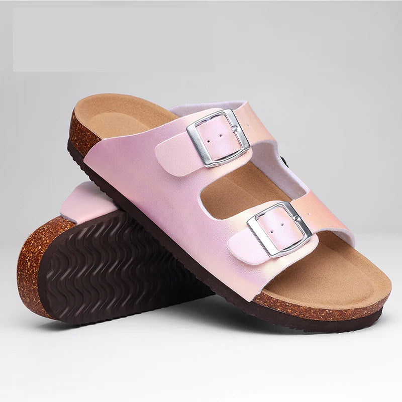 Kidmi Women Cork Suede Mules Slippers Outdoor Antiskid Beach Slippers Classic Cork Footbed Women Sandals With Adjustable Buckle