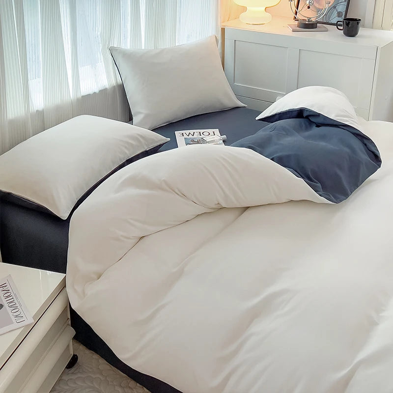 2-side Solid Color Brush Fabric Bed Set 4 Pieces Duvet Cover Pillowcase Bedding Set Bed Sheet Quilt Cover Single Queen King Size