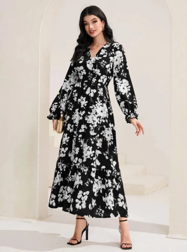 Autumn Women's New Sexy V-neck Fashionable Printed Cake Long Sleeves Medium To Long Length Casual Comfortable Dress For Women