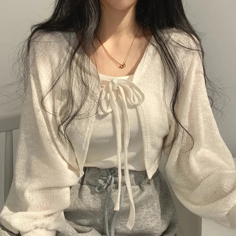 XBBA White Sweet Kawaii Women Cardigan Summer Thin Fashion All Match Shirt Korean Casual Loose Female Lace Up Top New