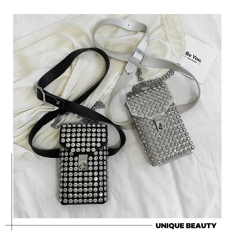 Luxury Full Rhinestone Women Phone Waist Bags Detachable PU Leather Waist Belt Shoe chain Crossbody Shoulder Bag Pack
