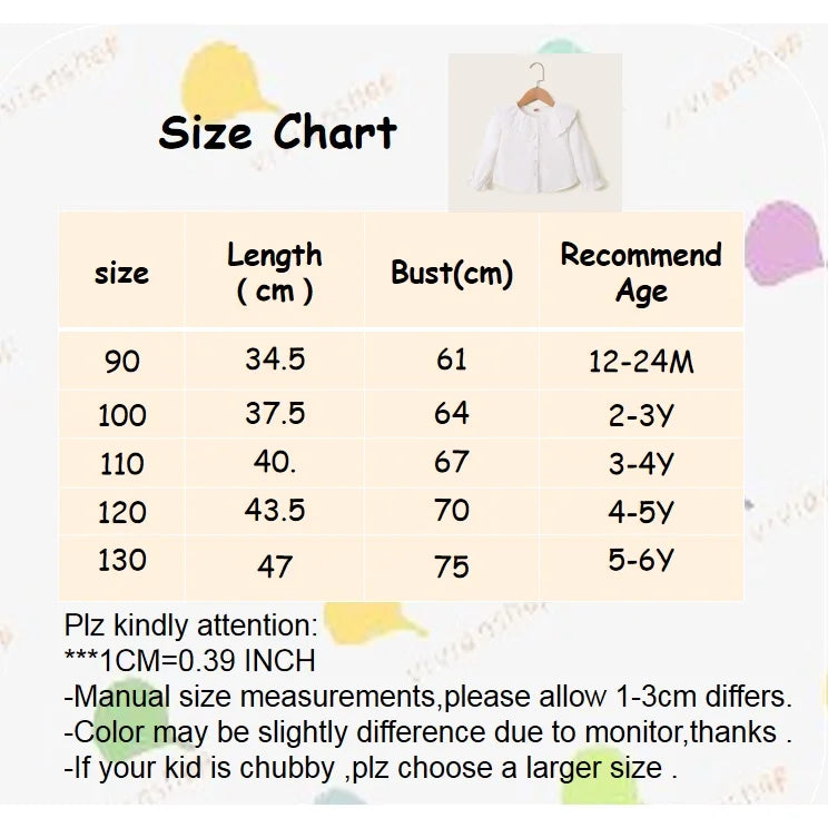 1-6Years Kids Girl Long Sleeve Top Lace Collar Autumn Korean Style White Top Toddler Girl Shirt Clothes