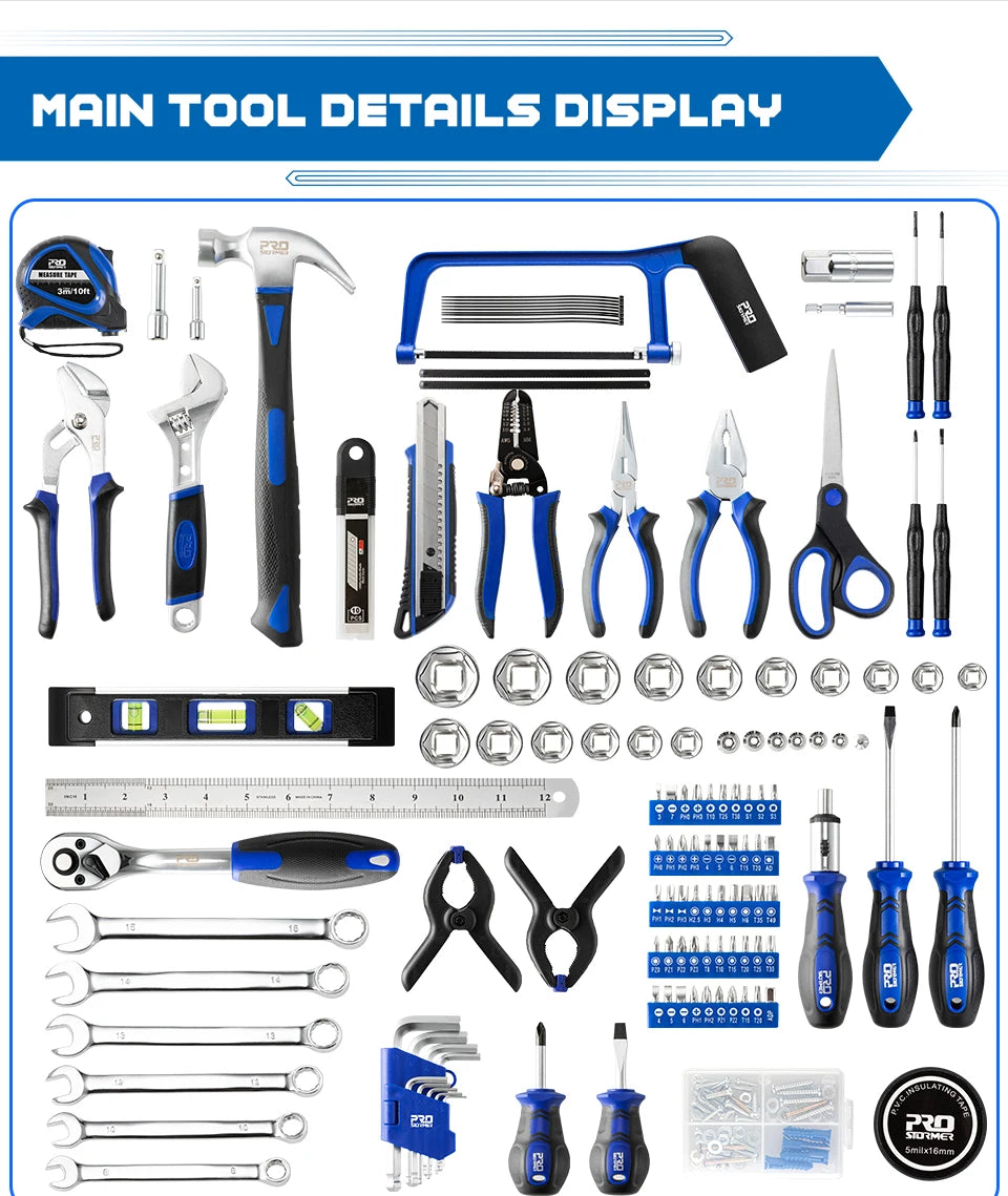 259Pcs Hand Tool Set DIY Home Repair Tool Kit Woodworking Tools Bag Car Repair Tool Set Wrench Saw Screwdriver By PROSTORMER