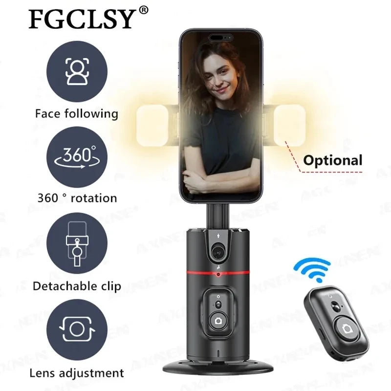 FGCLSY AI Auto Following Gimbal Stabilizer 360 Rotation Phone Stand P02 Desktop Tracking Gimbal with Remote for Live Photography
