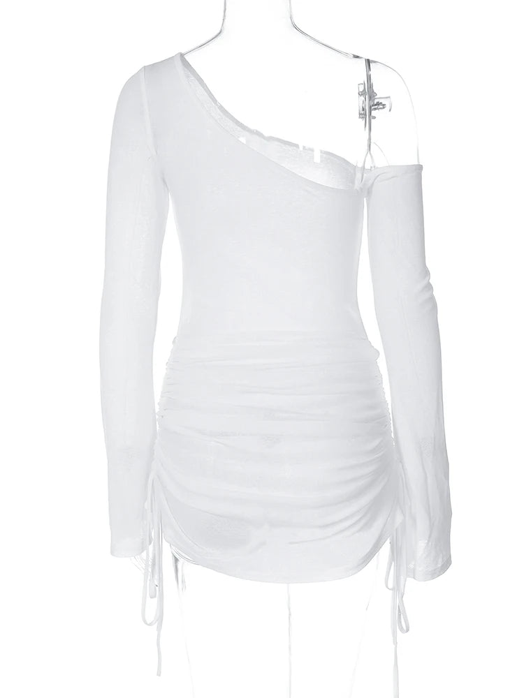 Dulzura Solid Skew Collar Ruched Straps Lace-Up See Through Draw String Mini Dress 2023 Summer Women Party Clubwear Wholesale