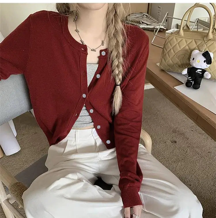 Alobee Red Cardigan Knit Early Autumn Women Clothes New 2024 Outdoor Crop Sweater Outerwear Long Sleeve Top Bottoming Shirt