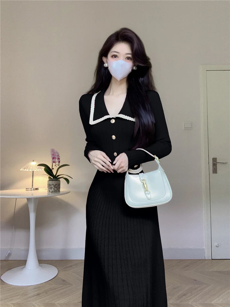 New Women French Knitted Dress Autumn Winter Slim A-line Lapel Casual Knitted Dresses Ladies Elegant Long Sleeve Midi Dress