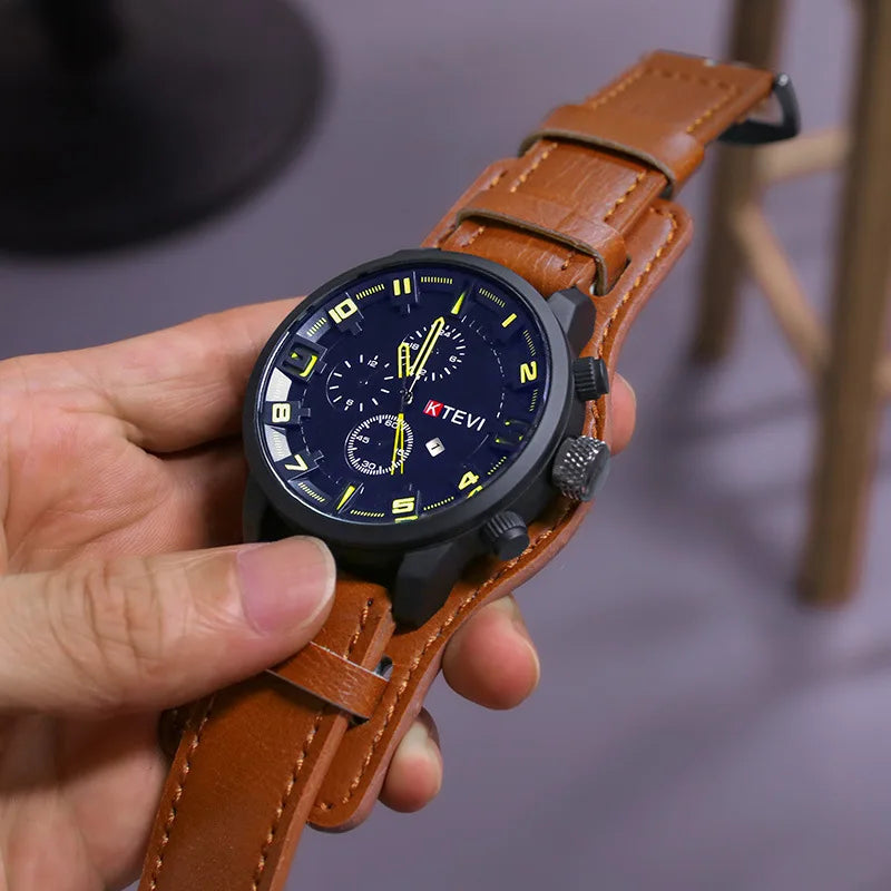 YIKAZE Luxury Business Men Quartz Watch Classic Retro Men's Watches Big Dial Leather Strap Date Military Wristwatch for Man