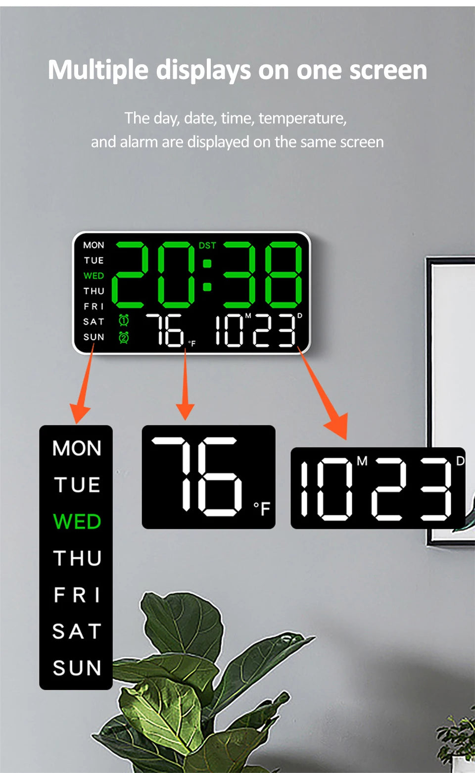 Voice Control Alarm Clock USB Powered LED Digital Clocks Temp Date Week Display 12/24H DST Brightness Adjustment 2-Alarms Clocks
