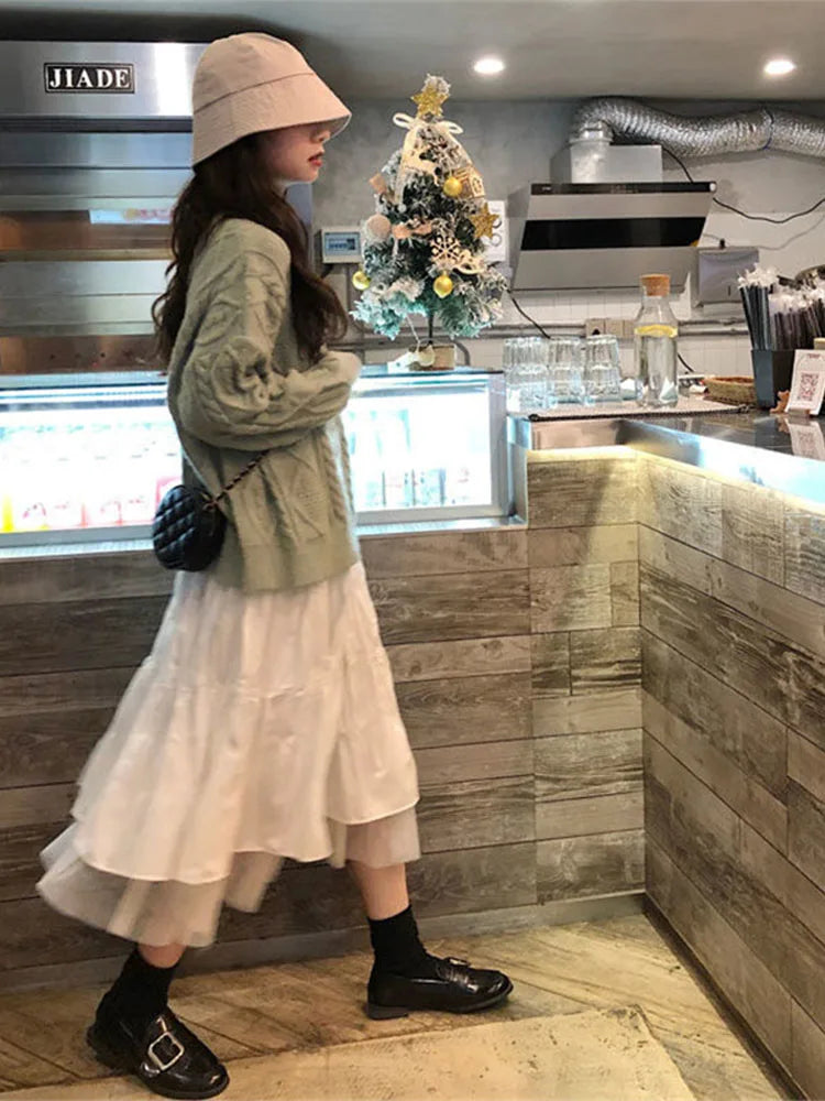 Long Tulle Midi Skirts Womens Autumn Elastic High Waist Mesh Tutu Pleated Skirts Female Black White Long Skirt Streetwear