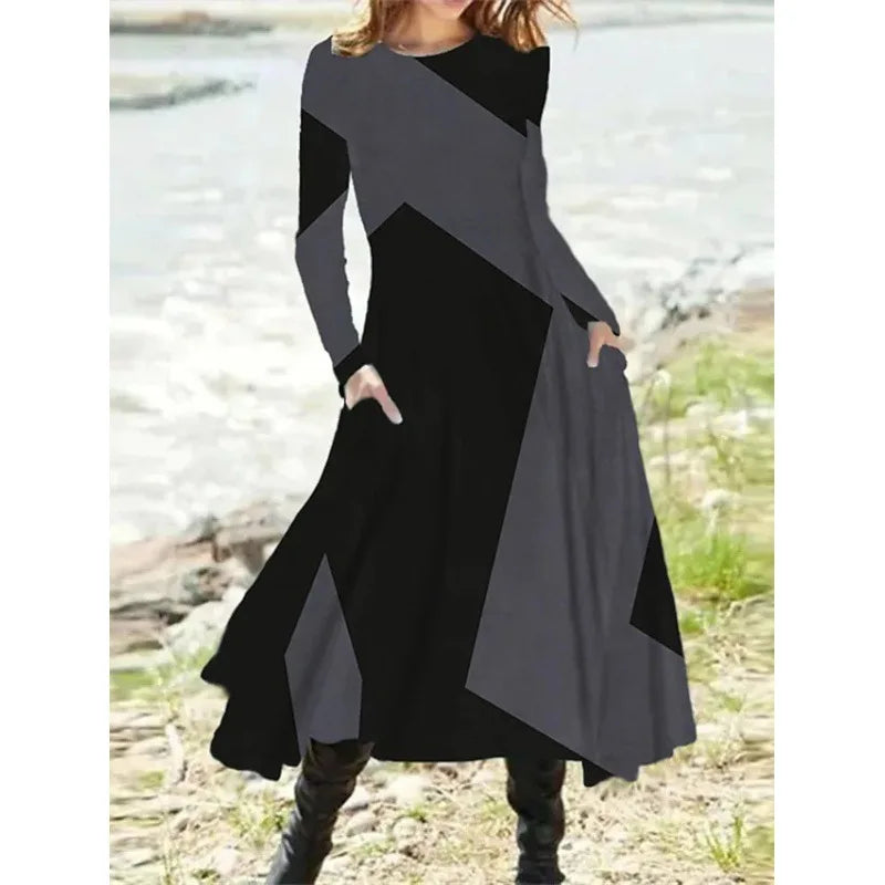 New 2024 Women's Casual Elegant Party Dress Contrast Color Ladies Spring Autumn Loose Long Sleeve Dress with Pockets Midi Dress