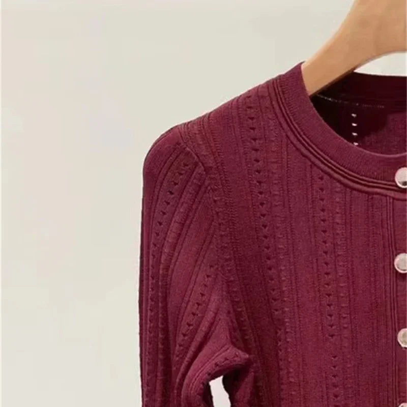 2024 Early Autumn Women's Hollow Lace Trim Knitted Cardigan Top Long Sleeve Single Breasted Ladies Short Sweater Coat 5240199