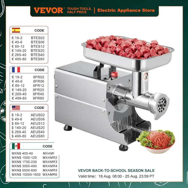 VEVOR 250Kg/H Electric Meat Mincer Grinder 1100W Commercial Kitchen Chopper Food Processor Sausage Maker Machine Home Appliance