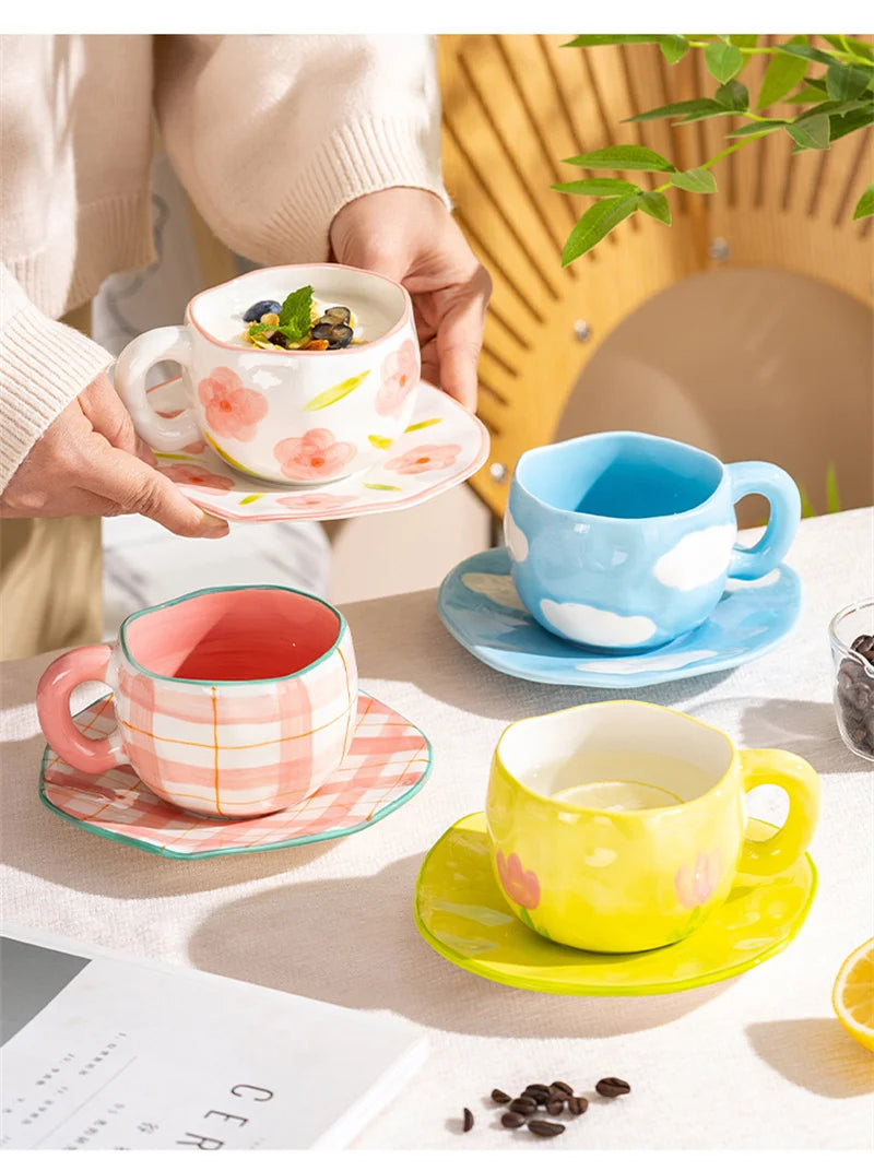 300ML Creative Hand Pinched Irregular Flower Ceramic mug Handmade Coffee Cup Breakfast Milk Afternoon tea cups Korean Style Mugs