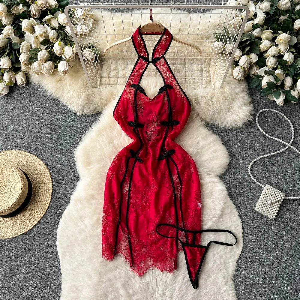 Japanese Sexy Print Kimono Slim Fit V-Neck Nightgown Loose Petal Sleeves Women's Erotic Lingerie Mini Irregular Patchwork Dress