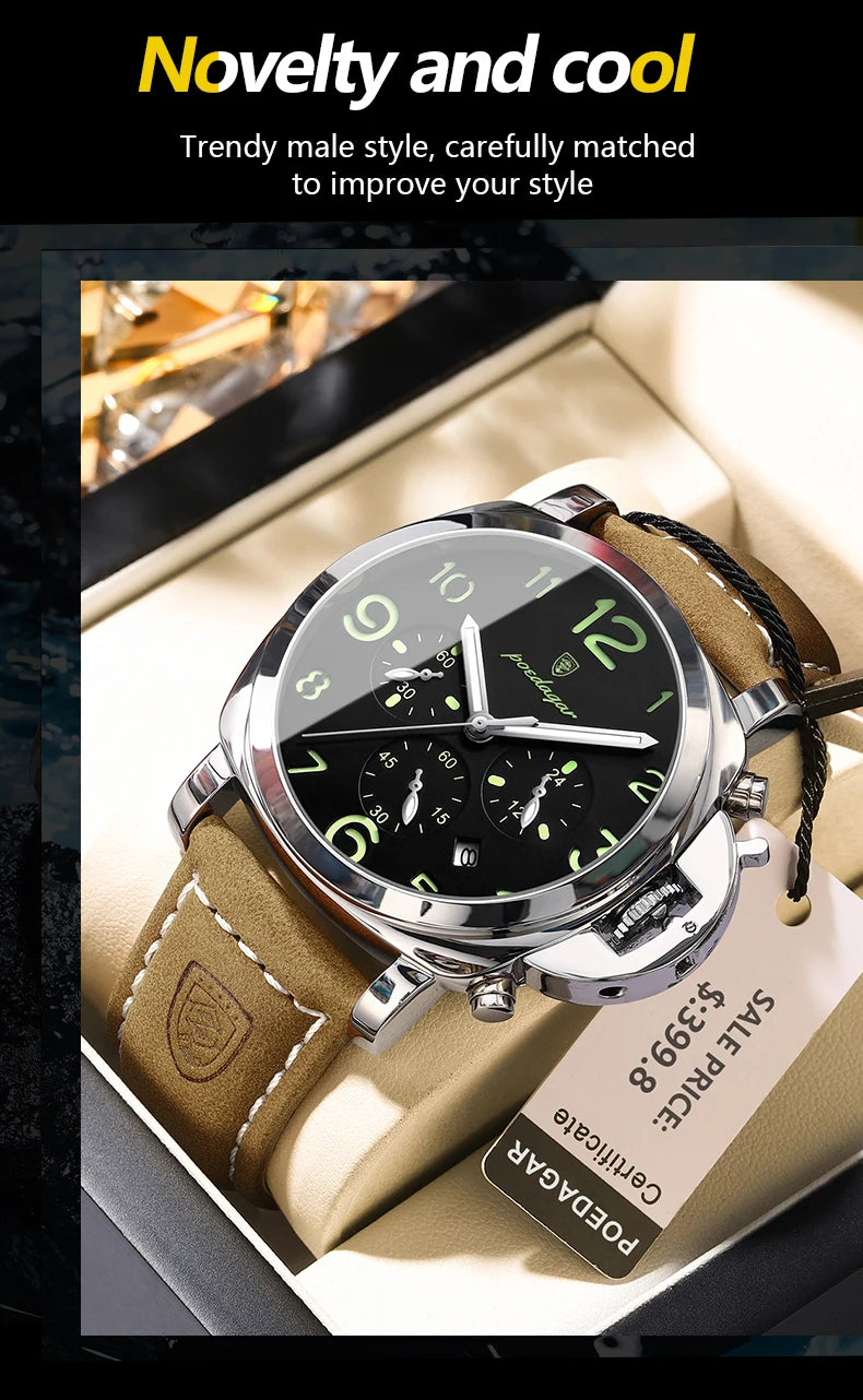 POEDAGAR Luxury Man Watch Chronograph Waterproof Luminous Date Watch for Men Casual Leather Sports Military Men's Quartz Watches
