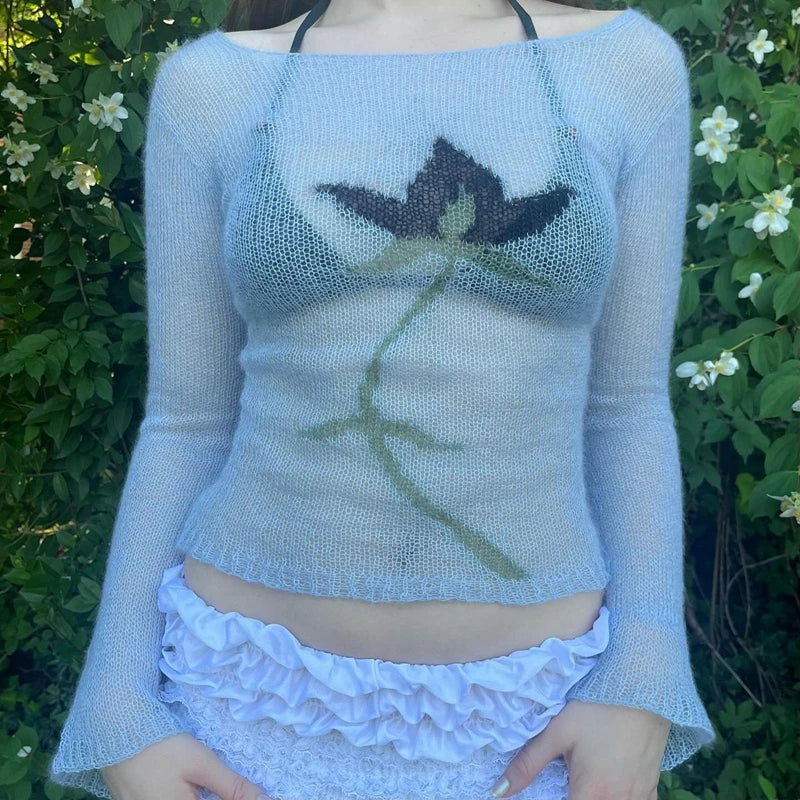 Flower Long Sleeve Knitted Crop Tops Aesthetic See Through Sweater Tees 90s Vintage Y2k Gyaru Crop Tops Jumpers Cottage Clothes