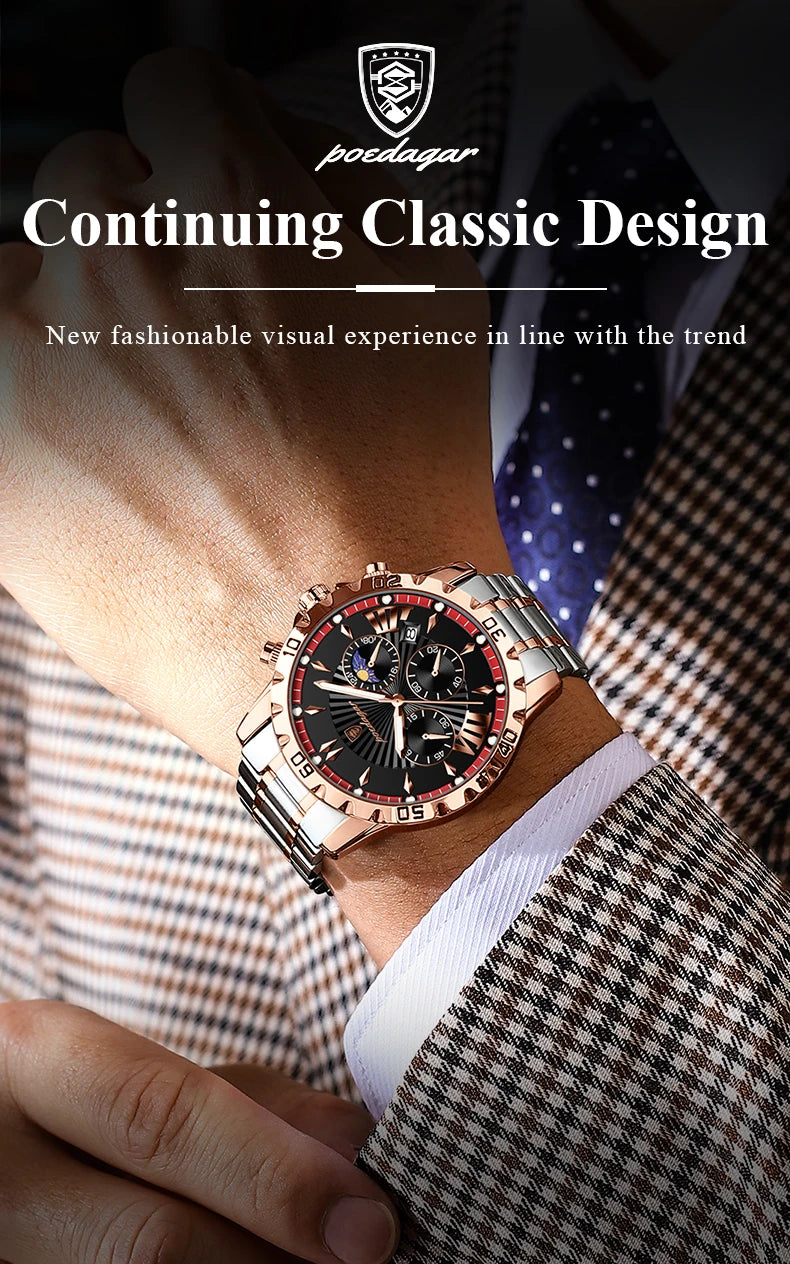 POEDAGAR Luxury High Quality Watch for Man Waterproof Luminous Chronograph Date Men Watch Stainless Steel Quartz Men's Watches