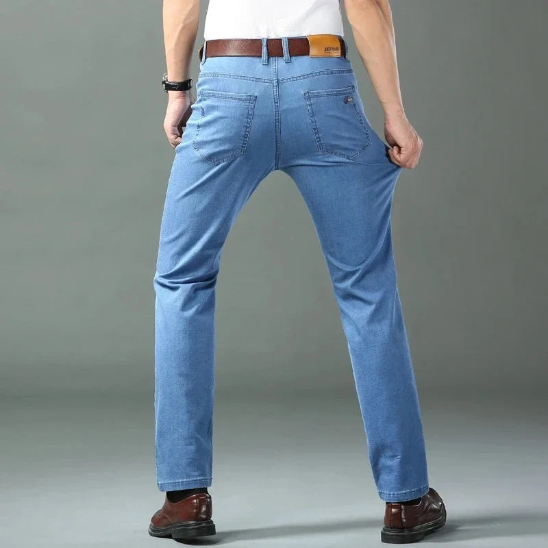 Spring Summer Thin Denim Pants Men Straight Cotton Stretch Jeans Business Classic Casual Lightweight Breathable Trousers