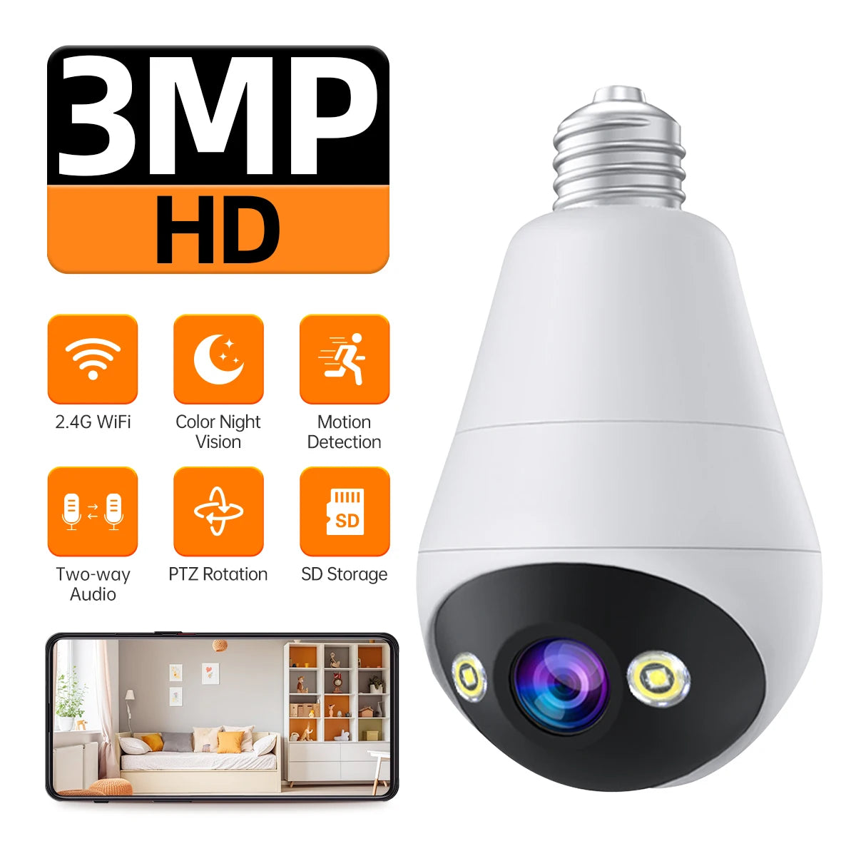 JOOAN 3MP IP Camera 2.4G Wifi E27 Bulb Surveillance Camera Smart Home AI Tracking Security Baby Monitor Wireless CCTV Camera