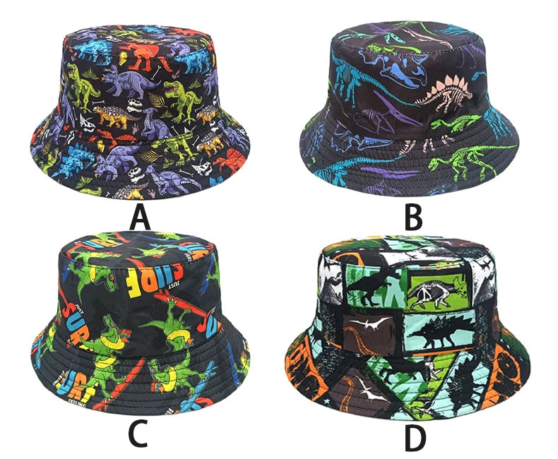 Bocca Cartoon Dinosaur Bucket Hat Children Boys Kids Fisherman Hats Pattern Double Sides Panama Cap Summer Outdoor Sunscreen Cap