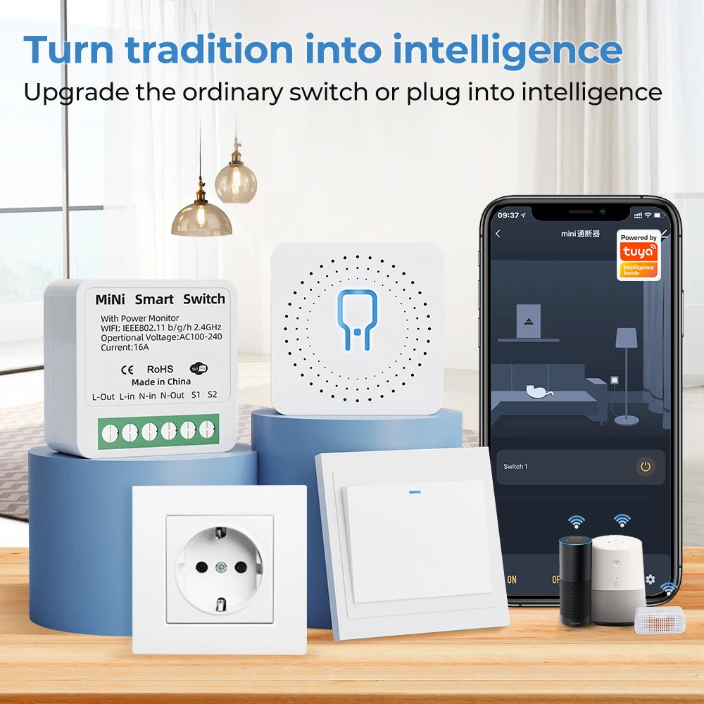 Smart Home Tuya Wifi Smart Switch with Energy Monitor 16A Mini Breaker Automation Module DIY 2Way Control Work with Alexa Google