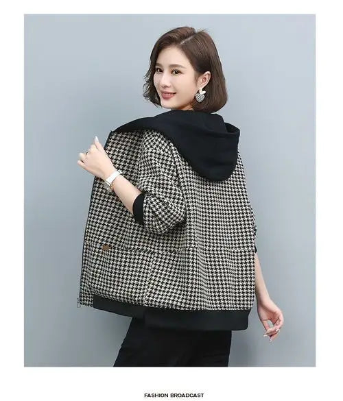 2024 Autumn Winter New Middle-aged and elderly Mothers Short Jacket Women's Patchwork Hooded Plaid Coat Casual Tops