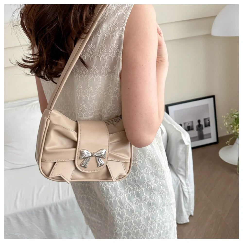 Korean Bow Pleated Shoulder Bag For Women 2024 Spring Summer New Armpit Bag Handbag