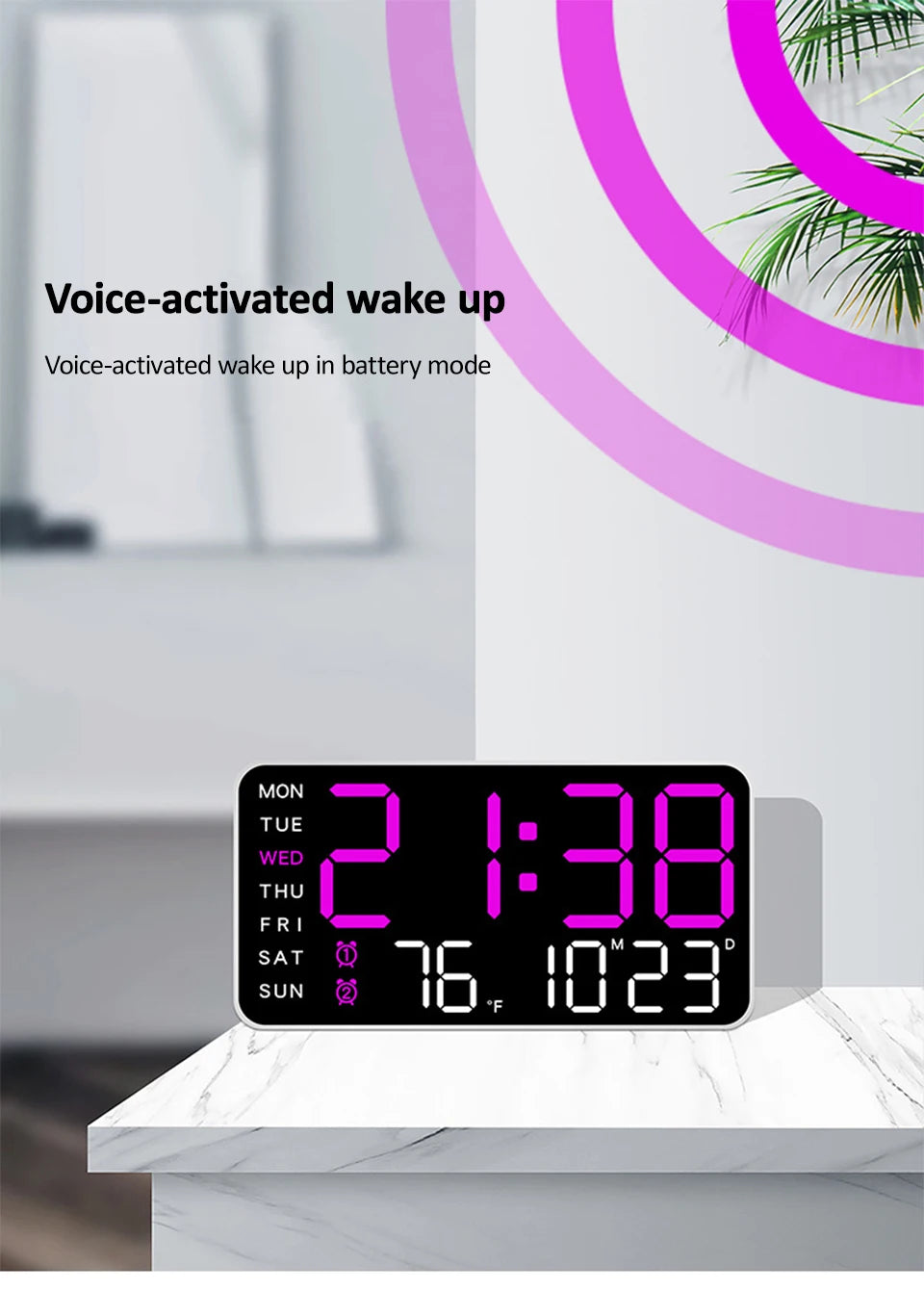 Voice Control Alarm Clock USB Powered LED Digital Clocks Temp Date Week Display 12/24H DST Brightness Adjustment 2-Alarms Clocks