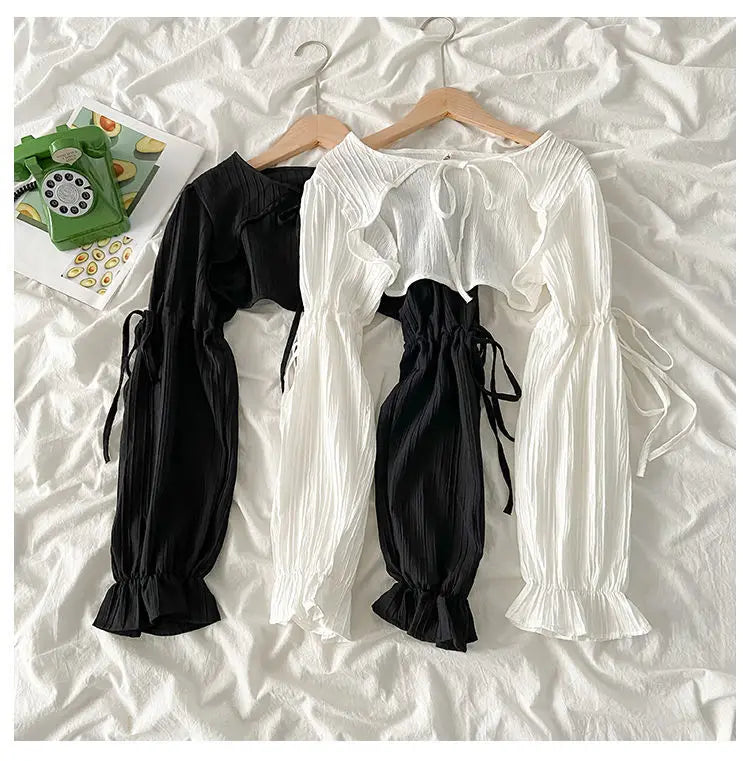 Summer Y2k Sun Protection Cardigan Women' Clothing Thin Crop Tops Bandage Long Sleeve Blouse Cape Femme Ruffles Korean Sweater