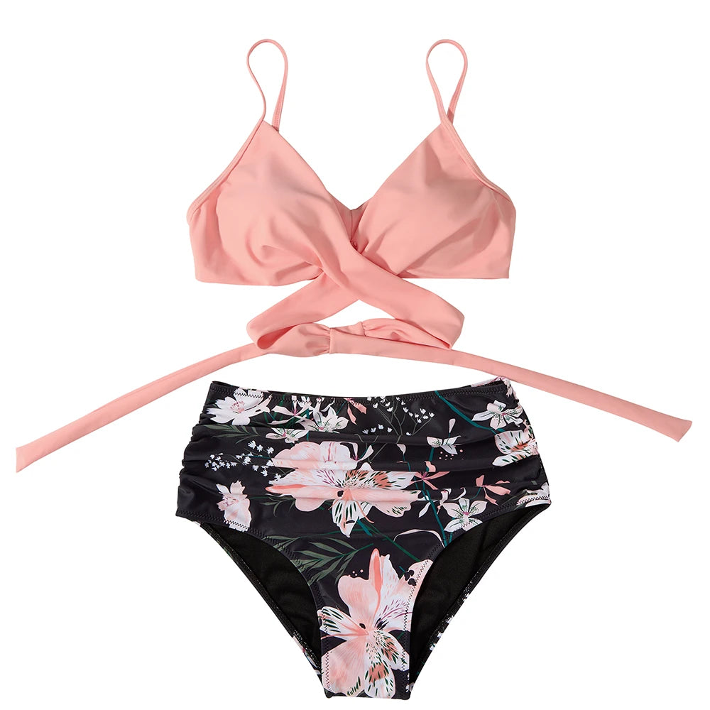 High Waist Sexy Bikini Set 2024 Biquini Swimwear Women Two Pieces Swimsuit Floral Beachwear V-Neck Bathing Suits Female