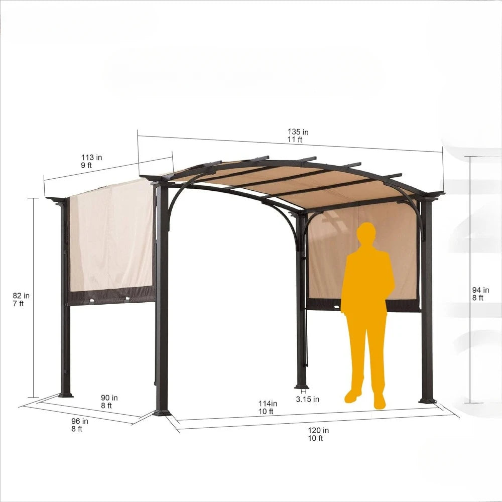 Outdoor Pergola 9.5 x 11 ft. Steel Arched Pergola with Adjustable Canopy for Patio, Backyard and Garden Activities, Tan & Brown