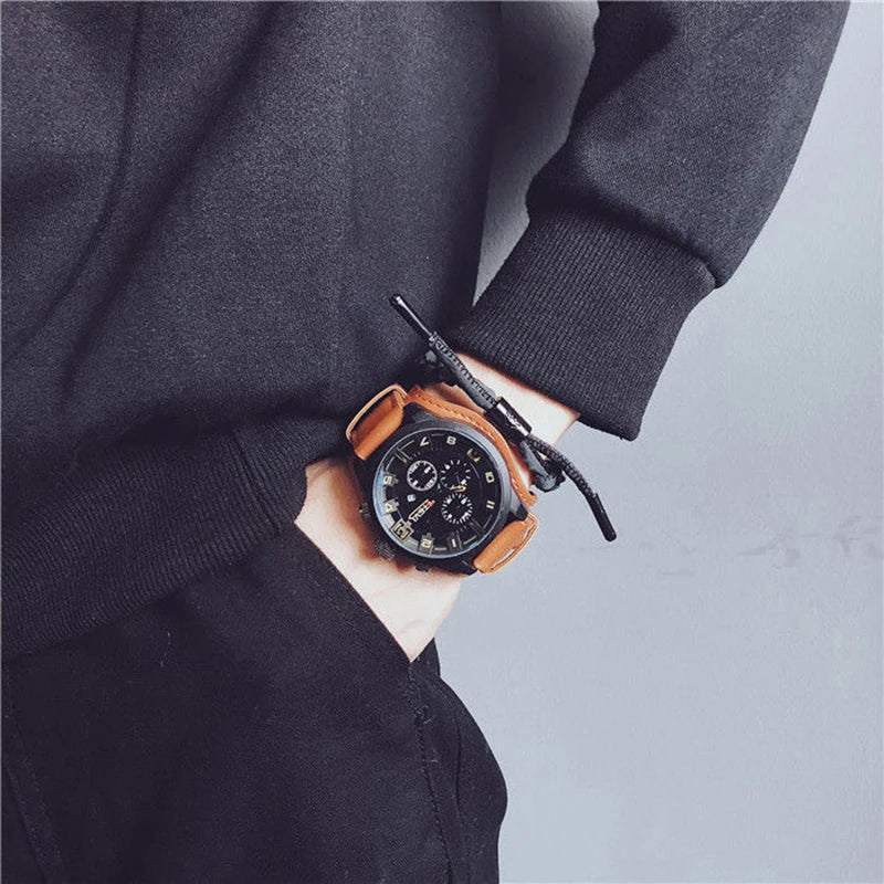YIKAZE Luxury Business Men Quartz Watch Classic Retro Men's Watches Big Dial Leather Strap Date Military Wristwatch for Man
