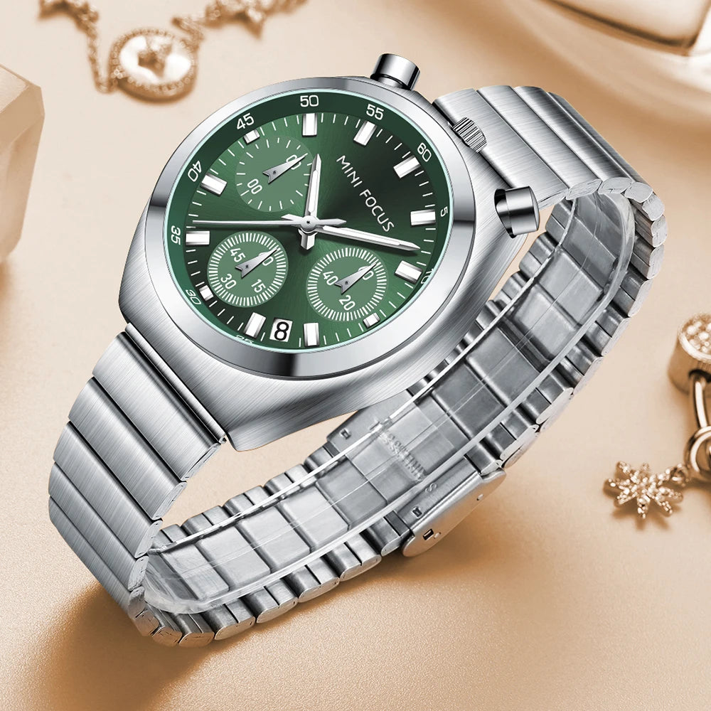 MINI FOCUS Elegant Multifunctional Watch for Women Fashion Waterproof Quartz Ladies Watches Steel Band Bull Head Wristwatch Gift