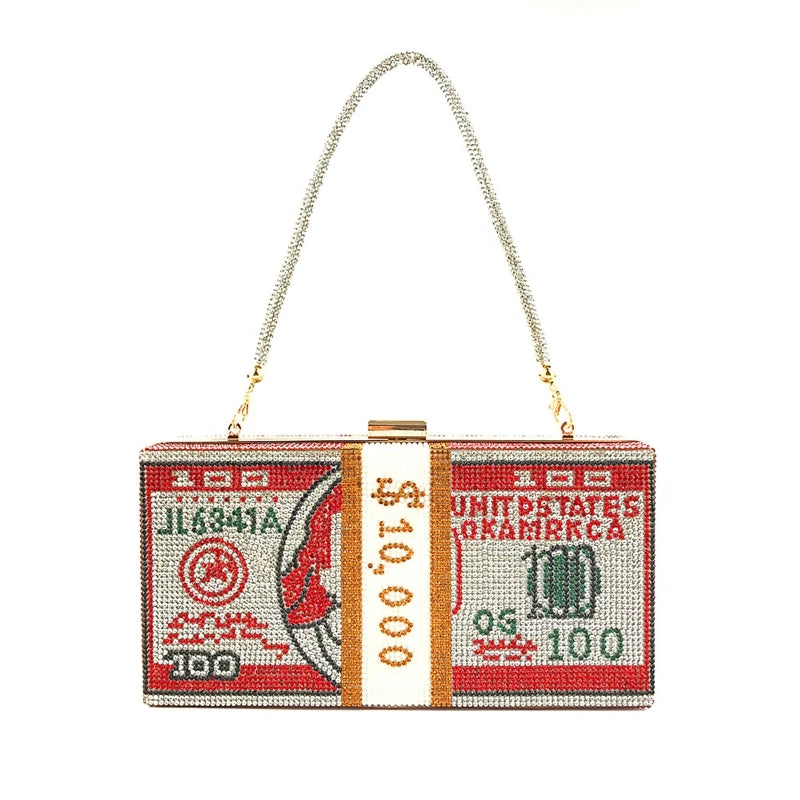 Money Clutch Rhinestone Purse 10000 Dollars Stack Cash Evening Handbags Shoulder Wedding Dinner Bag 2024 women bag сумка wallet