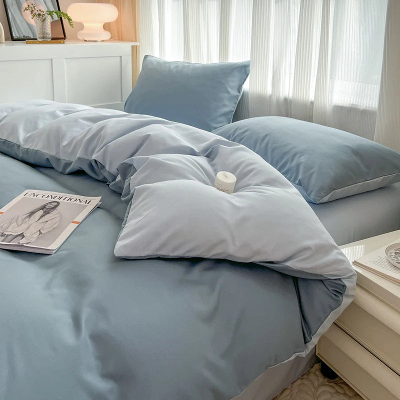2-side Solid Color Brush Fabric Bed Set 4 Pieces Duvet Cover Pillowcase Bedding Set Bed Sheet Quilt Cover Single Queen King Size