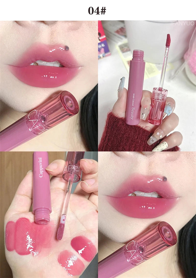 Waterproof Mirror Jelly Lip Glaze 6 Colors Water-light Lip Gloss Long Lasting Moisturising Glossy Red Tint Lips Makeup Cosmetics