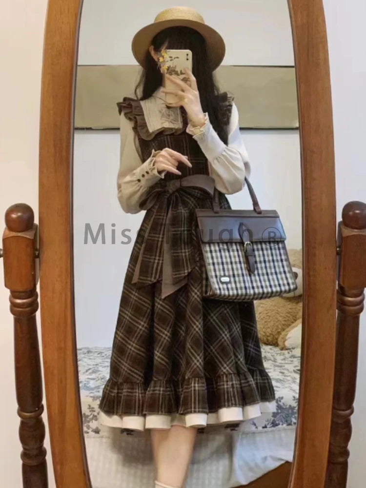 Autumn France Vintage Long Sleeve Dress Women Fashion Design Bow Lapel Lace Up Plaid Dresses Retro Chic Slim Thin Ruffle Dress