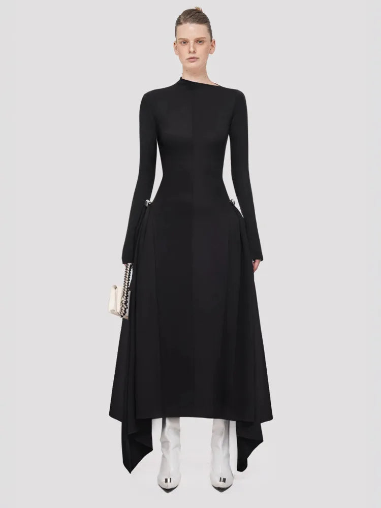 DEAT Elegant Dress Skew Collar Long Sleeves Waist Retraction Solid Color Asymmetric Hem Women's Dresses 2024 Autumn New 13DL7990