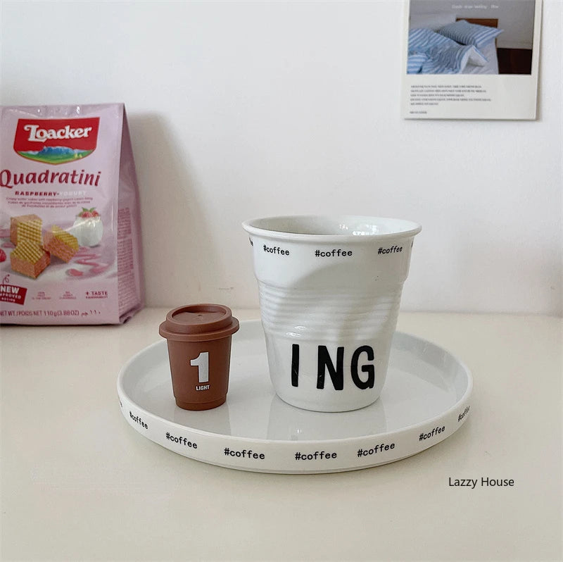 6.7oz korean style cups and mugs coffee mug white ceramic nordic wrinkle cup 200ml drinking coffe tumbler English Letter