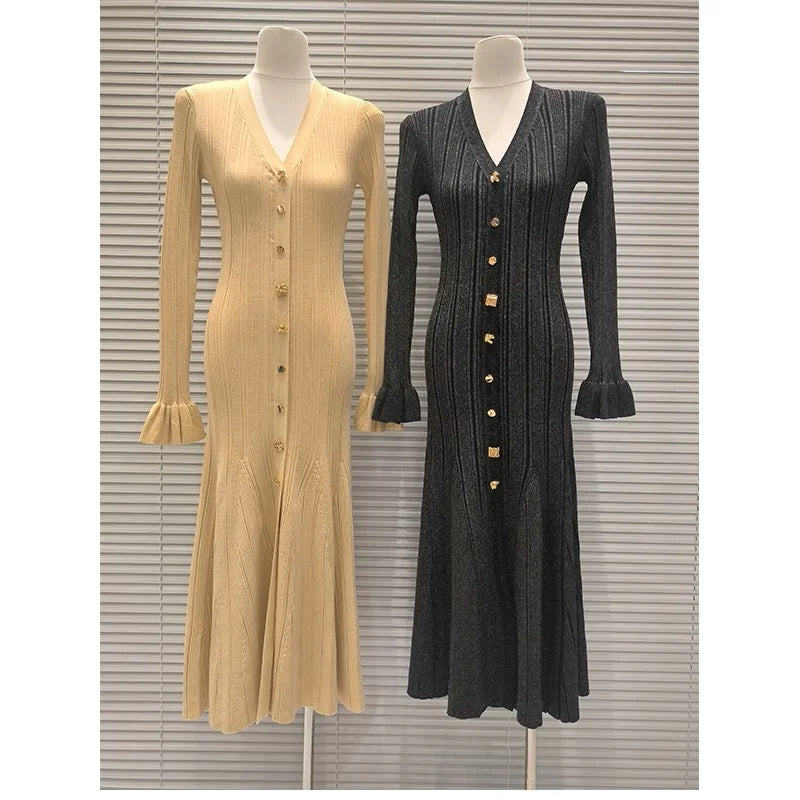 Knitted Mid-Length Dress 2024 New Women Long Sleeve Ribbed Party Dresses Elegant Lady Knitwear 5240175