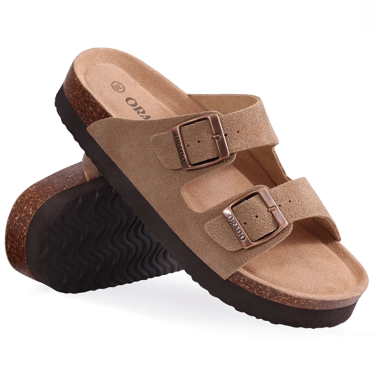 Kidmi Women Cork Suede Mules Slippers Outdoor Antiskid Beach Slippers Classic Cork Footbed Women Sandals With Adjustable Buckle