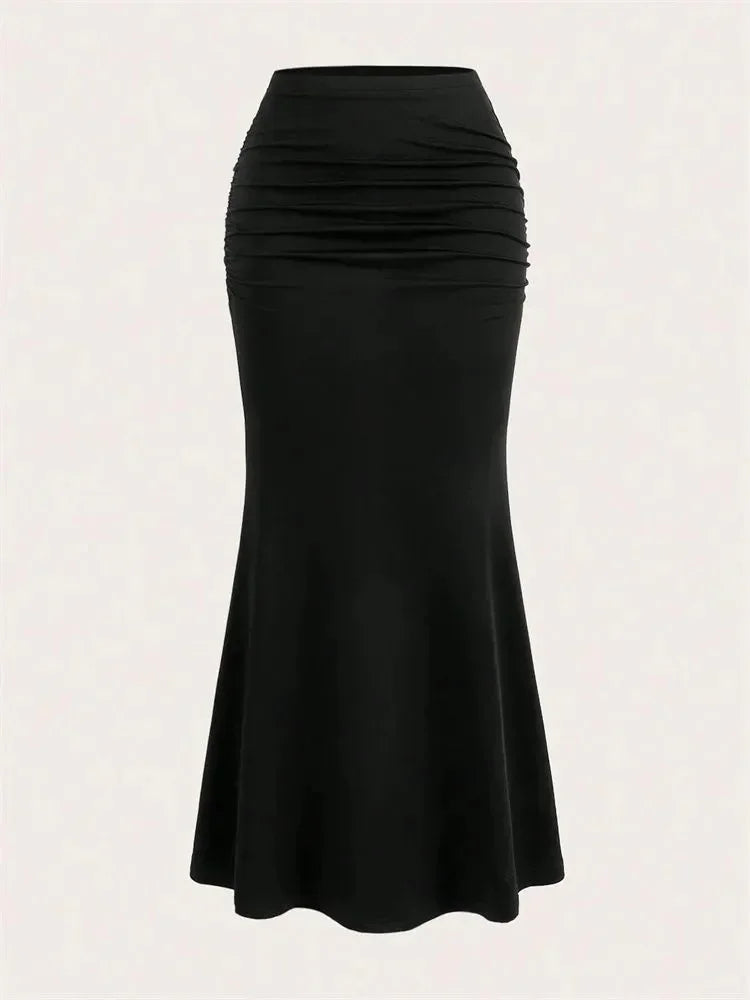 Solid Bodycon Ruched Long Skirt Women Sexy Black Elastic Elegant High Waist Mermaid Maxi Skirts Summer Streetwear 2024