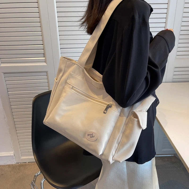 Lightweight Canvas Shoulder Bags For Women Ladies Handbags Multi Pockets Pure Color Travelling Shopper Totes